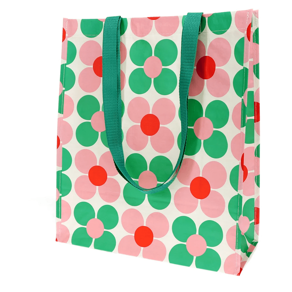 recycled shopping bag green and pink daisy