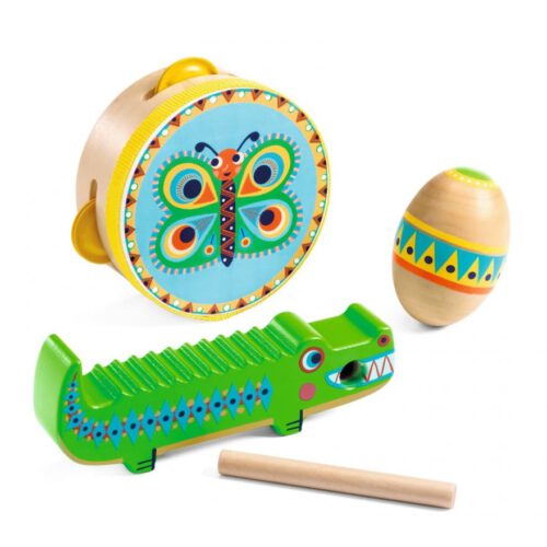 animambo set van tambourine, maracas, guiro