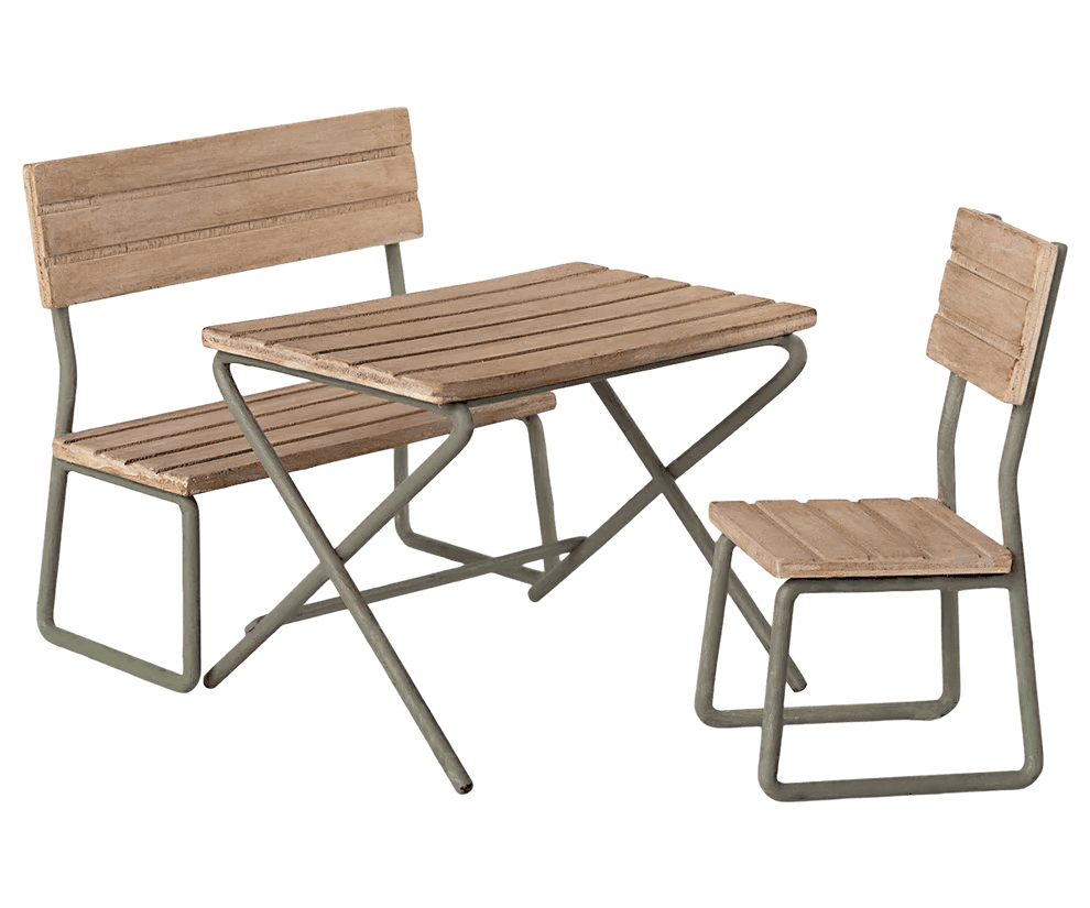 maileg garden set miniature table with bench and chair