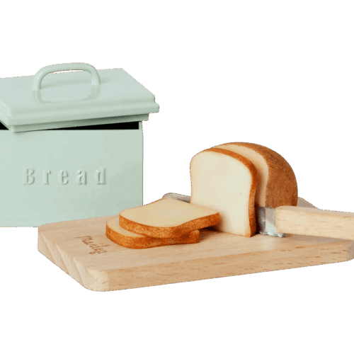 maileg miniature bread box with utensils