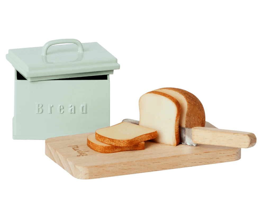 maileg miniature bread box with utensils