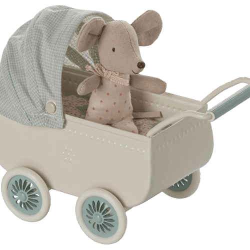 maileg pram with baby mouse mint