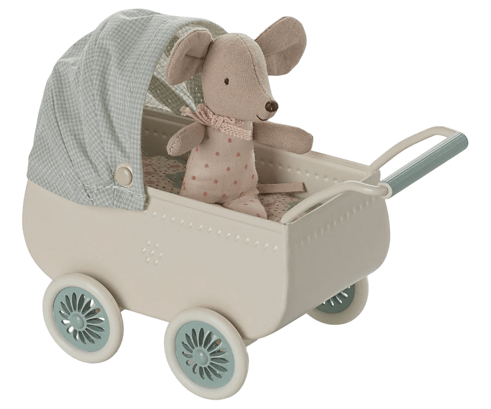 maileg pram with baby mouse mint