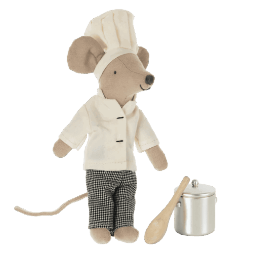 maileg chef mouse with soup pot and spoon