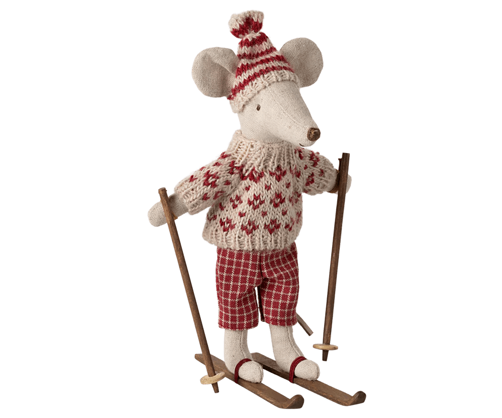 maileg winter mouse with ski set, mum red