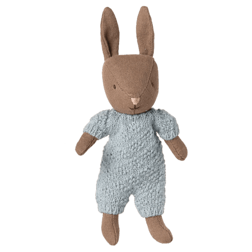 maileg rabbit, micro brown blue knitted suit