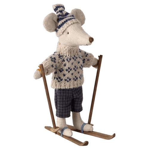 maileg winter mouse with ski set, dad blue