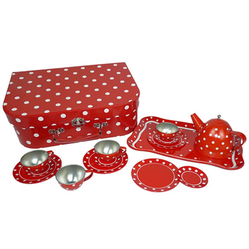 blikken serviesje in koffer (rood/wit stip)