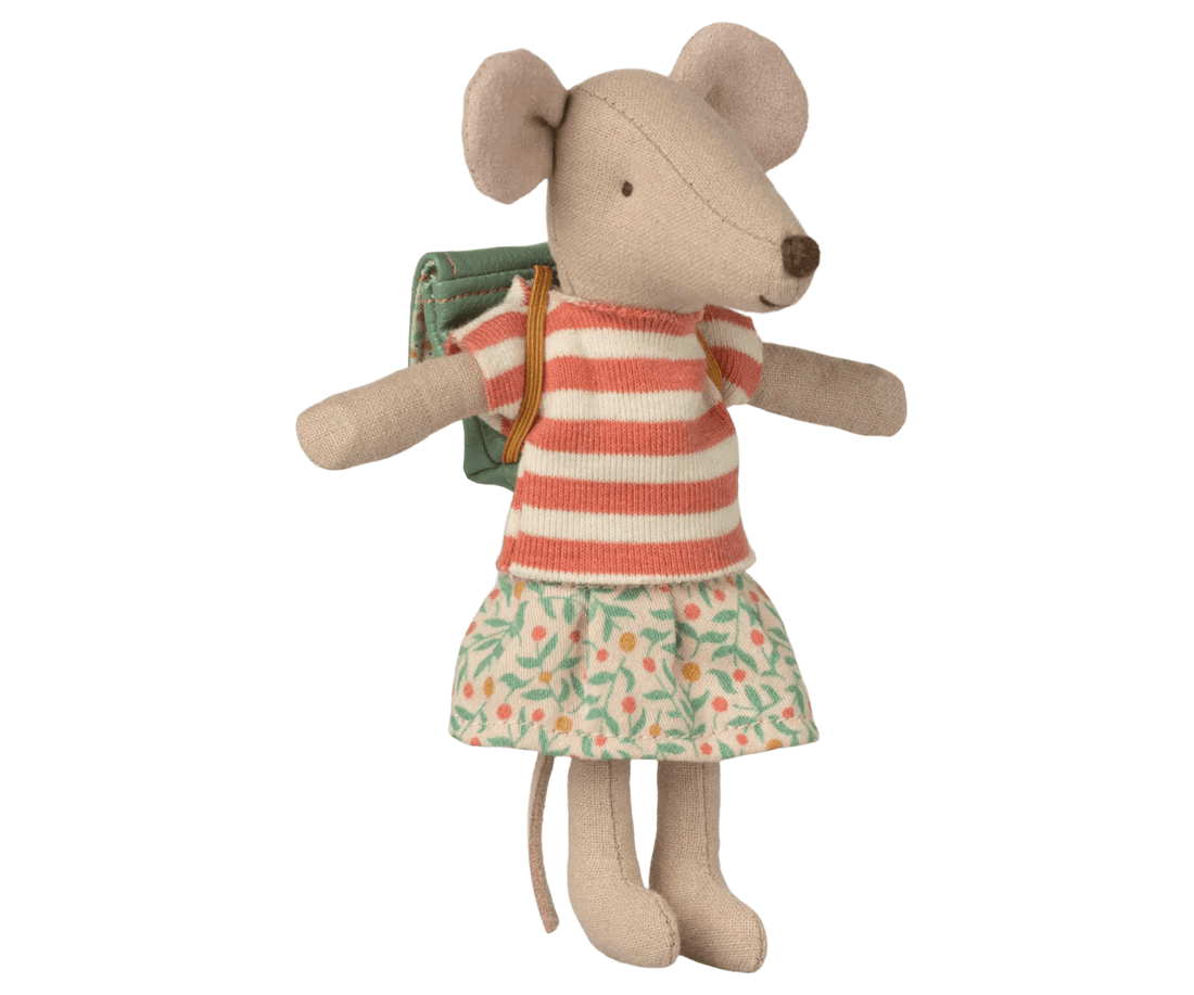maileg tricycle mouse, big sister with backpack green