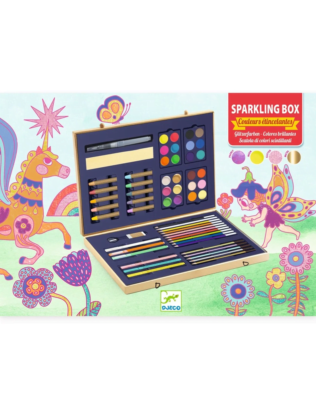 djeco sparkling box tekendoos glitter kleuren 60pcs +6 jaar
